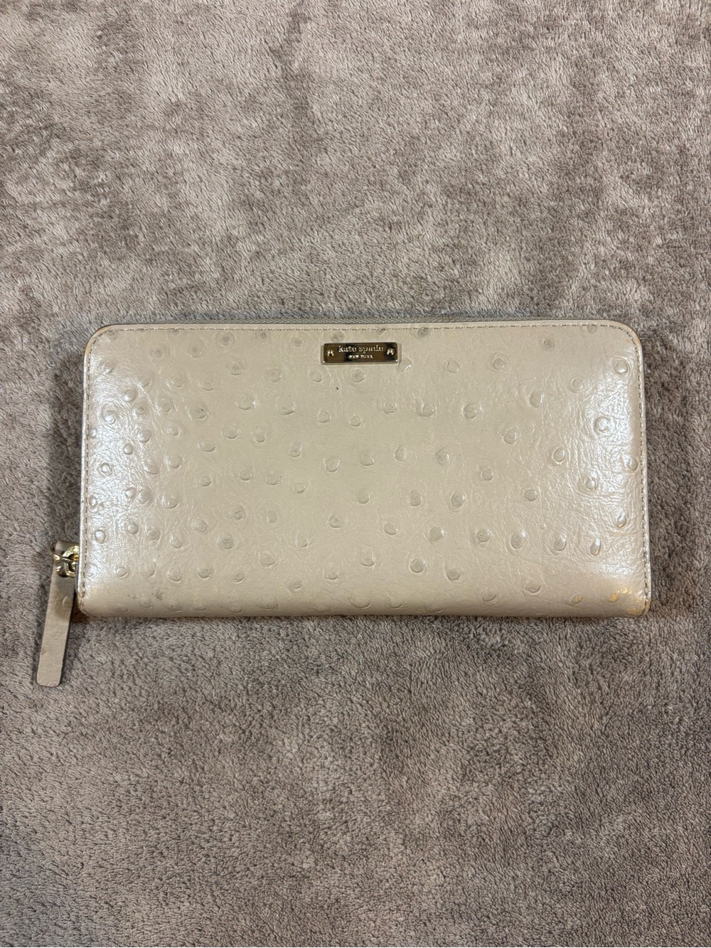 kate spade Ostrich Zip-Around Cream Embossed Wallet